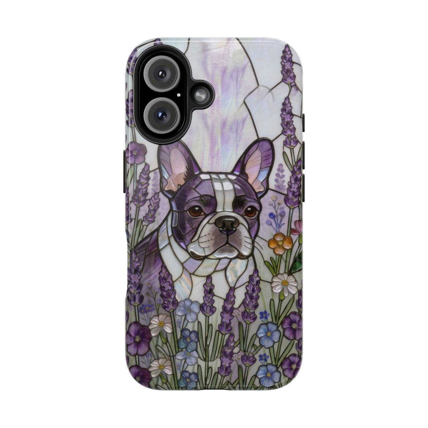 Frenchie Stained Glass Style Tough Case —Lavender Floral Theme