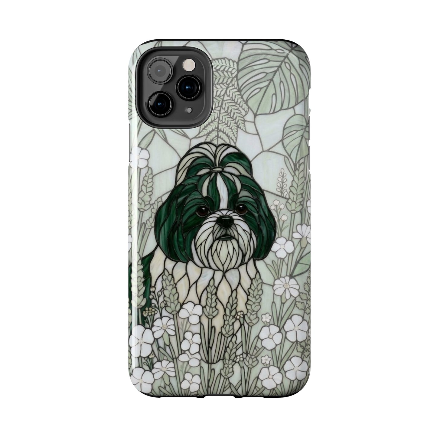 Phone case with a dog illustration in a floral and leaf pattern on a white background