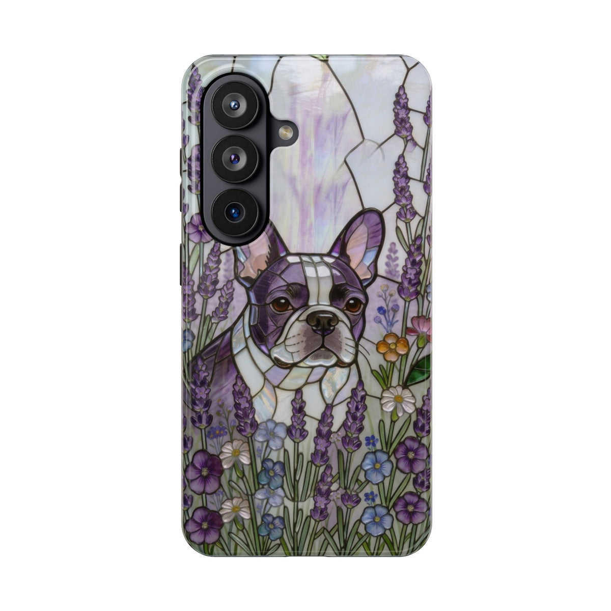 Frenchie Stained Glass Style Tough Case —Lavender Floral Theme