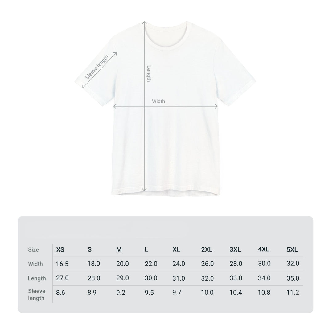 White t-shirt with measurement chart and size chart on a white background