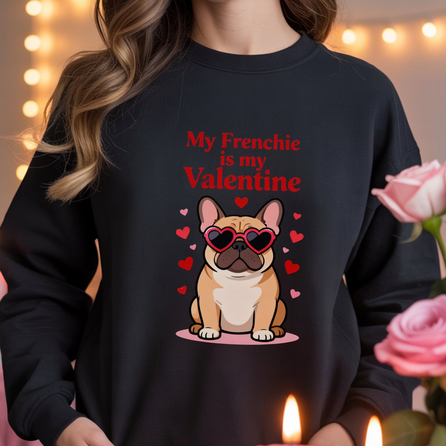 Person wearing a black sweatshirt with a cartoon dog and Valentine's Day text, holding pink roses.