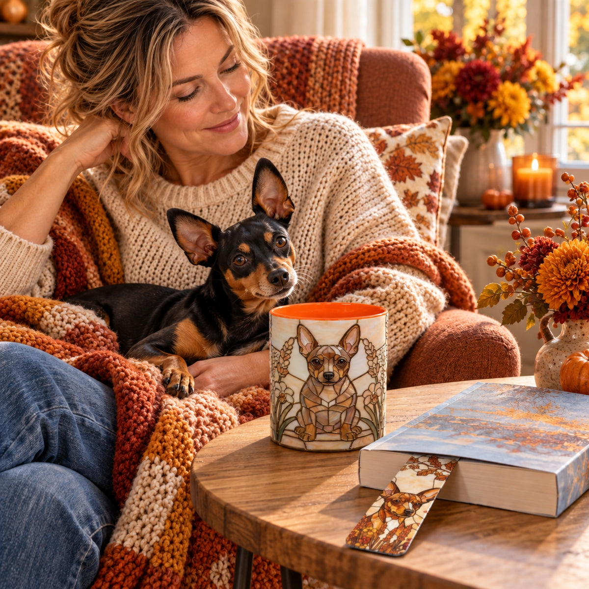 A cozy autumn lifestyle scene featuring a woman and her small black and tan dog resting on a chunky knit blanket in an armchair. In the foreground, a ceramic mug with a detailed dog illustration and the word 'PUPPY' sits on a wooden table next to a book and coaster.
