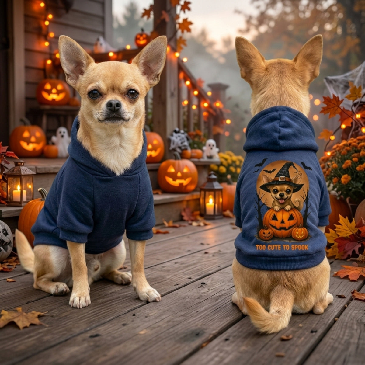 Two small tan dogs on a wooden porch decorated for Halloween. One dog faces forward wearing a navy blue hoodie with a graphic of a dog in a witch hat above a jack-o'-lantern and the text 'TOO CUTE TO SPOON'.