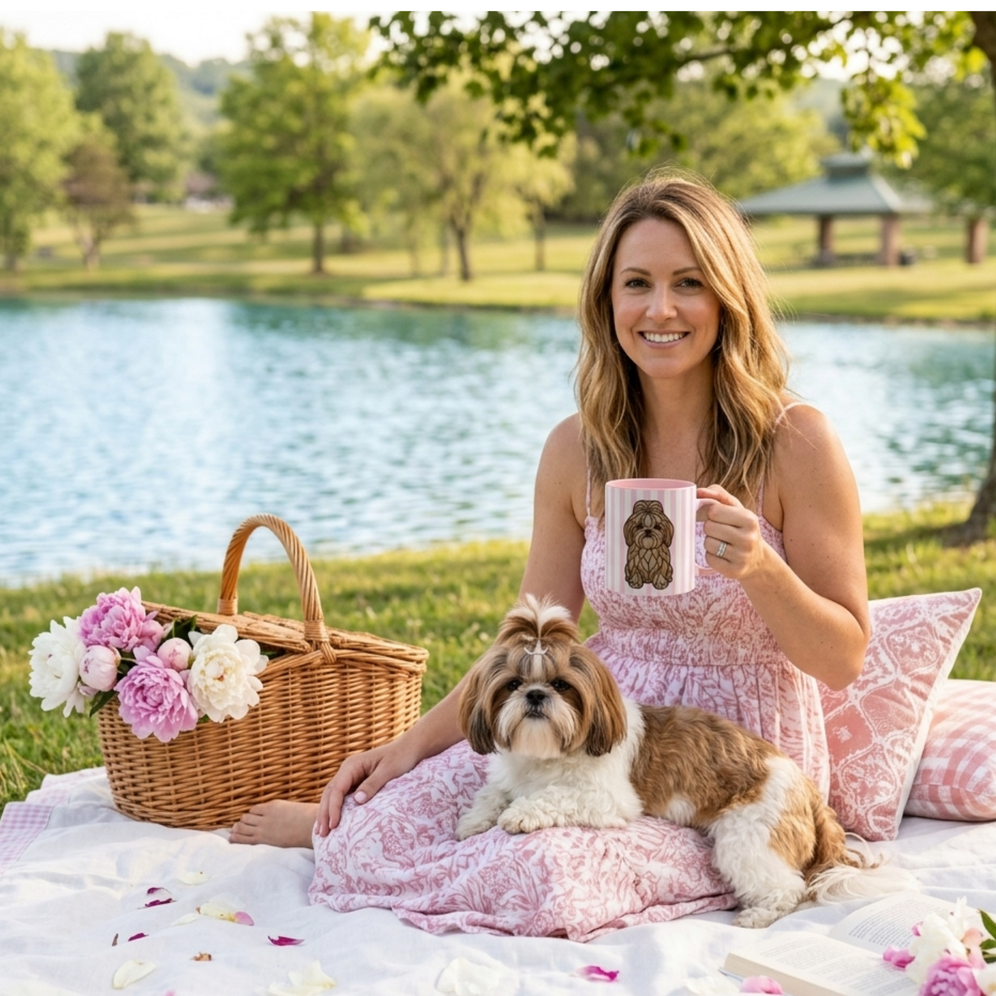 Woman in a pink dress holding a mug with a dog design, sitting on a blanket by a lake with a dog and picnic basket.