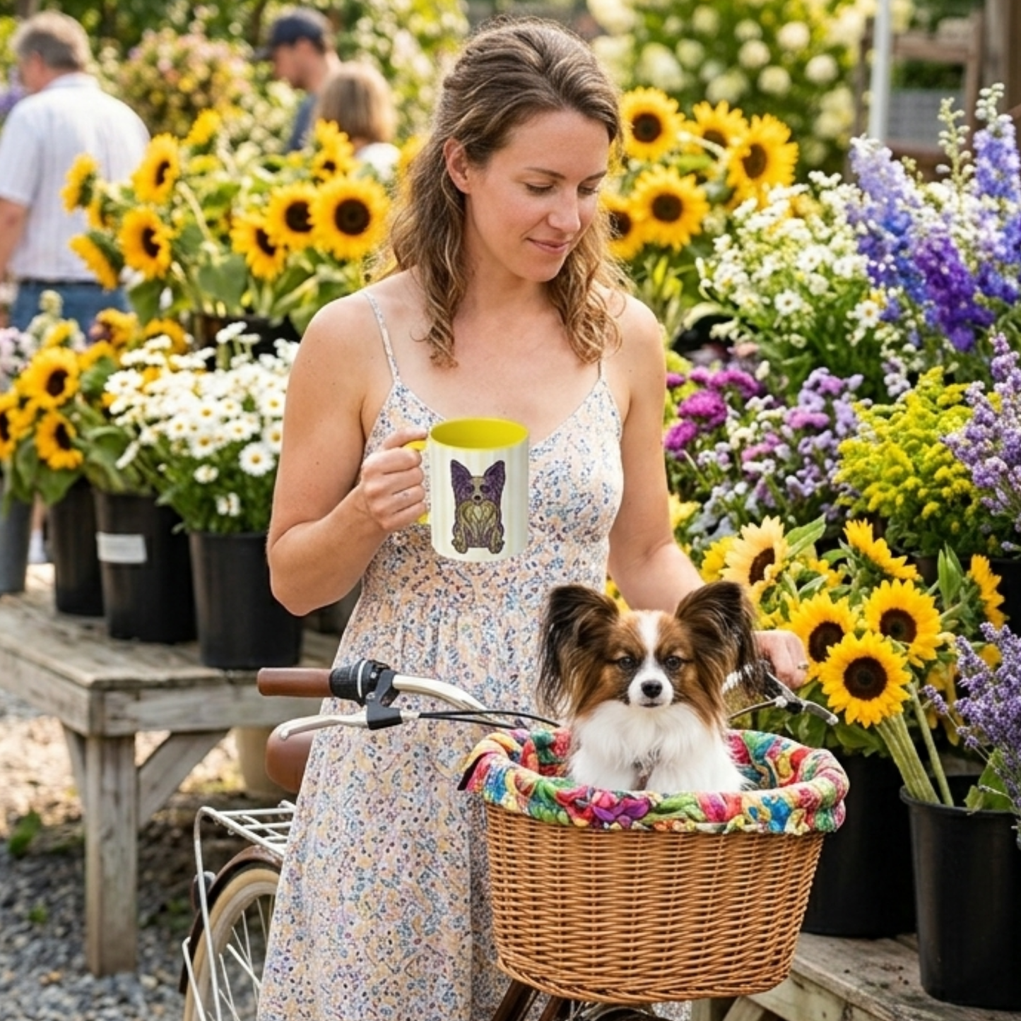 Woman with a dog in a bike basket at a flower market