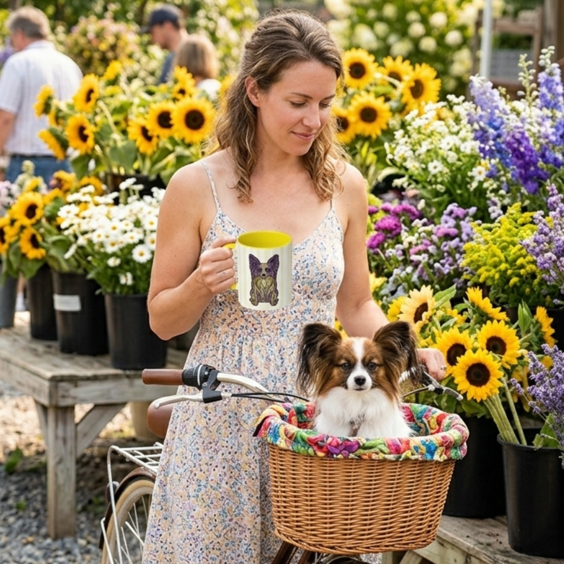 Woman with a dog in a bike basket at a flower market