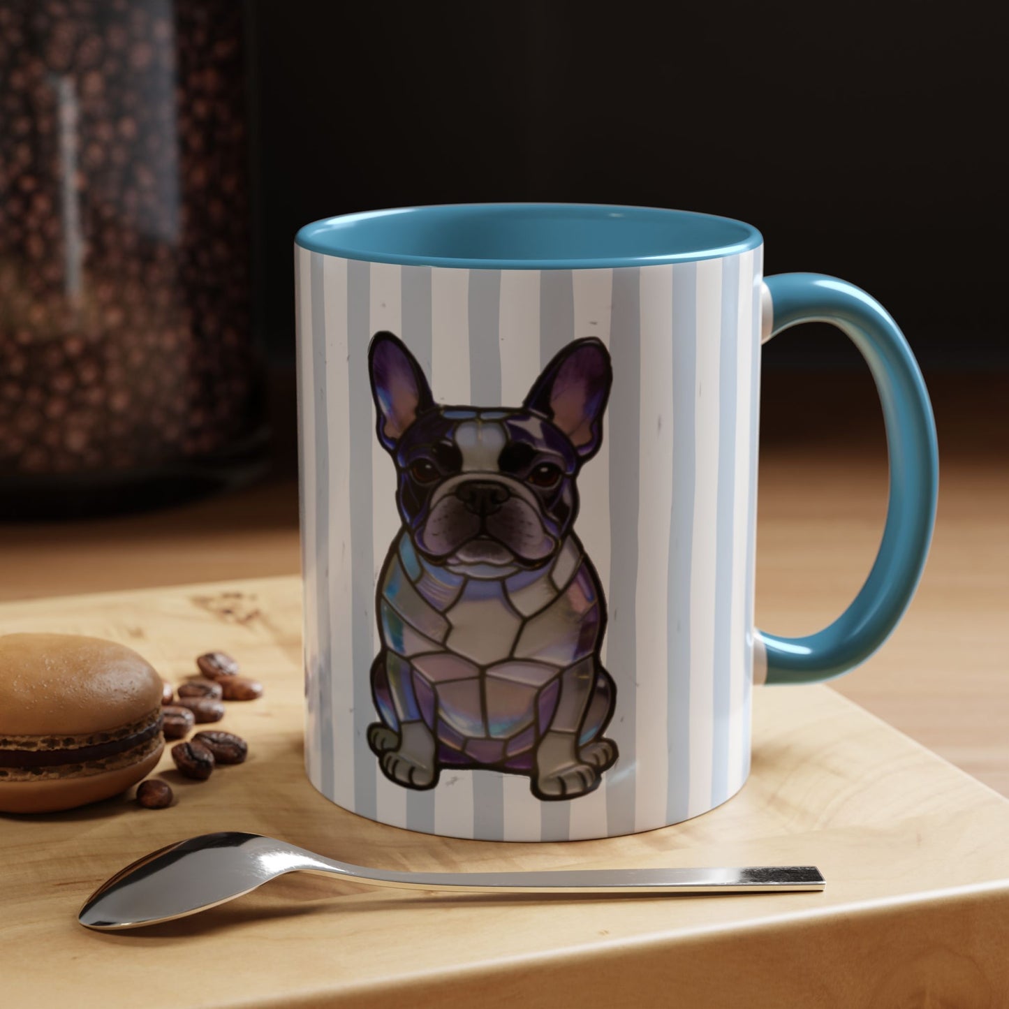 Cute Light Blue Striped Frenchie Ceramic Cup