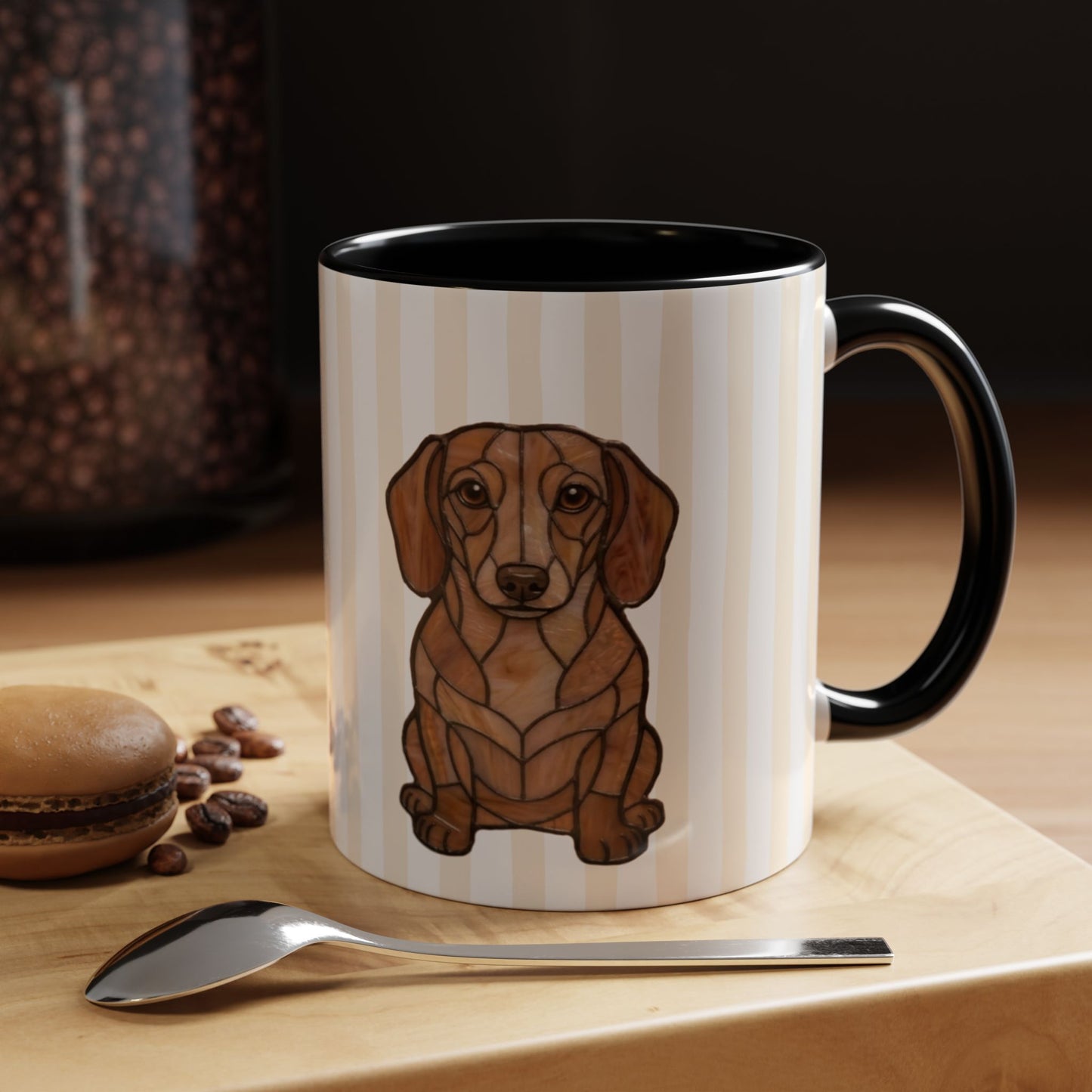 Cute Light Beige Striped Dachshund Ceramic Cup