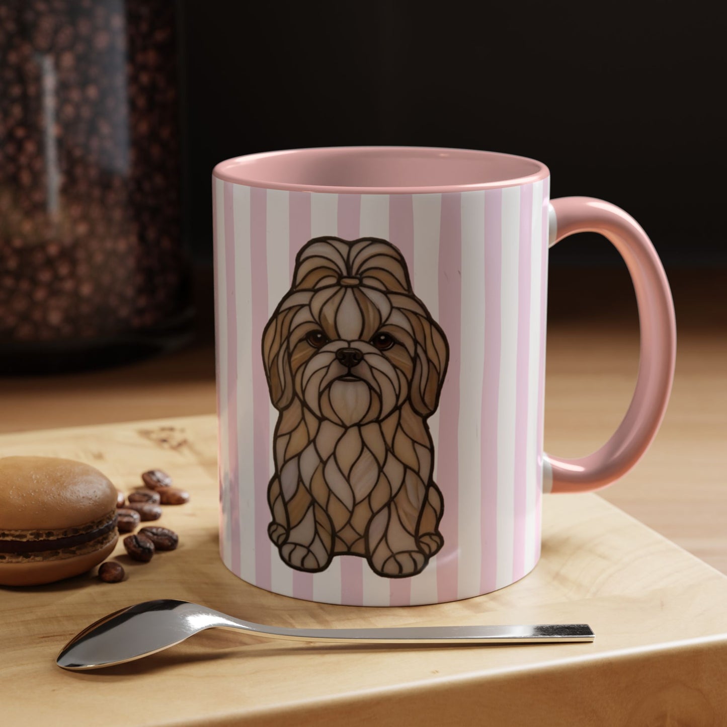 Cute Light Pink Striped Shi Tzu Ceramic Cup