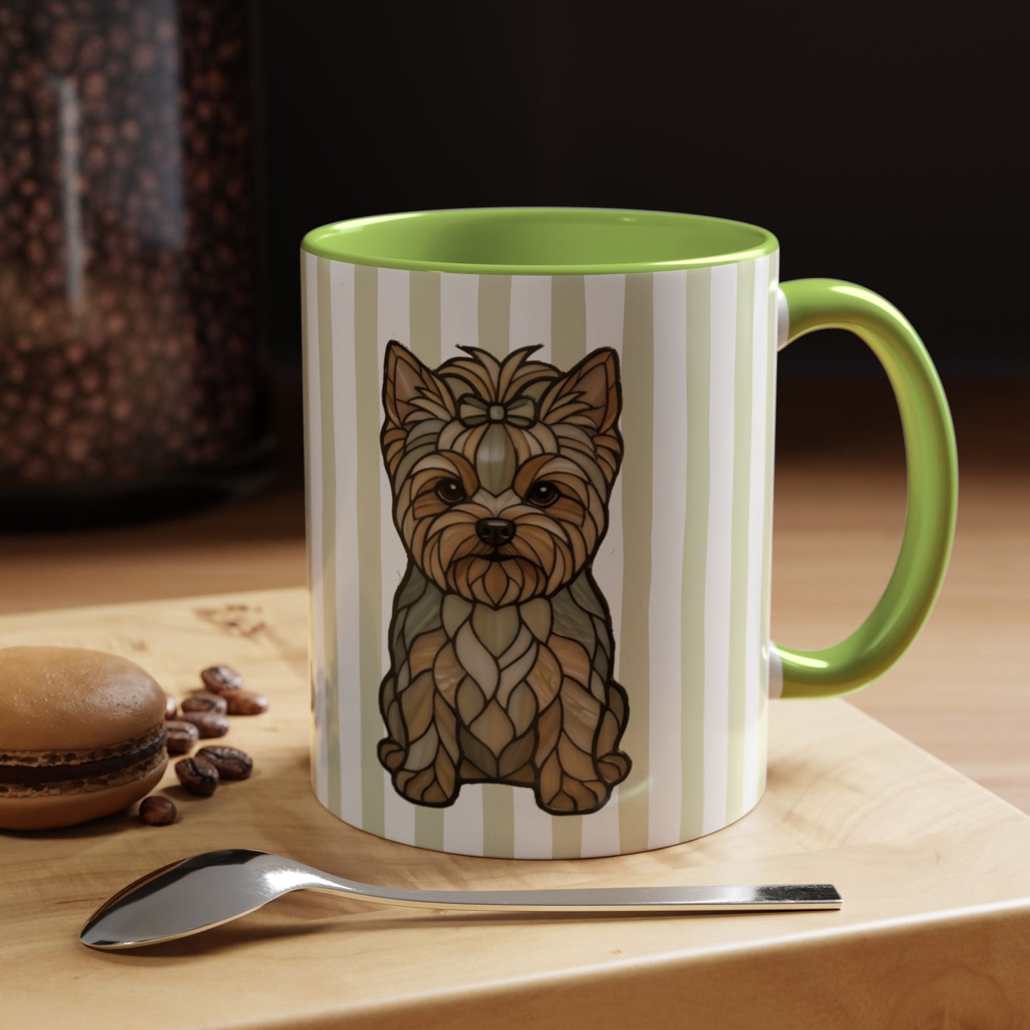 Cute Light Green Striped Yorkie Ceramic  Cup