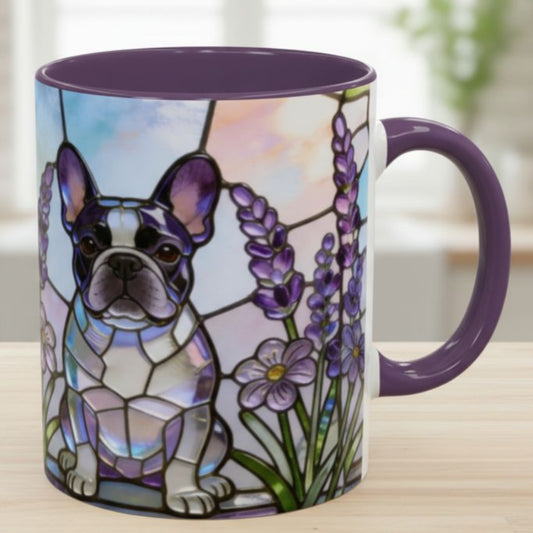 A ceramic coffee mug with a purple handle and interior, decorated with a stained-glass style illustration of a French Bulldog and lavender flowers, sitting on a light wooden surface.