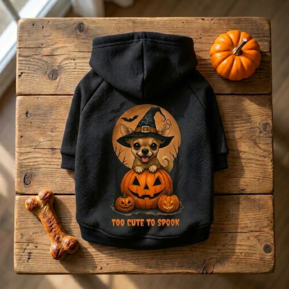 A black pet hoodie with a Halloween graphic of a chihuahua in a witch hat sitting on jack-o'-lanterns, with the text 'TOO CUTE TO SPOOK' on the back. The hoodie is displayed on a rustic wooden plank surface alongside a small orange pumpkin, a bone-shaped treat, and a small real pumpkin.