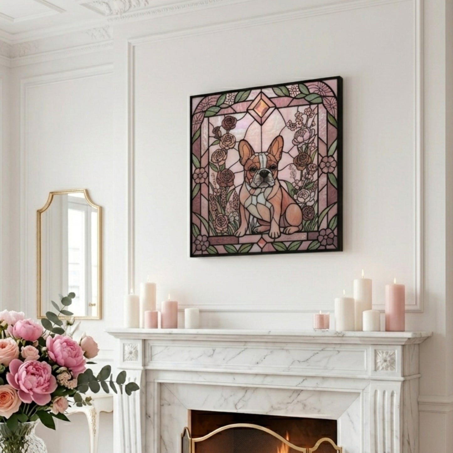 Stained glass artwork of a dog on a wall above a fireplace with candles and flowers.