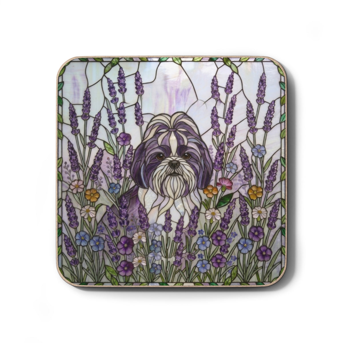 A square decorative coaster featuring a stained-glass style illustration of a Shih Tzu dog surrounded by purple lavender flowers and small wildflowers, shown on a white background.