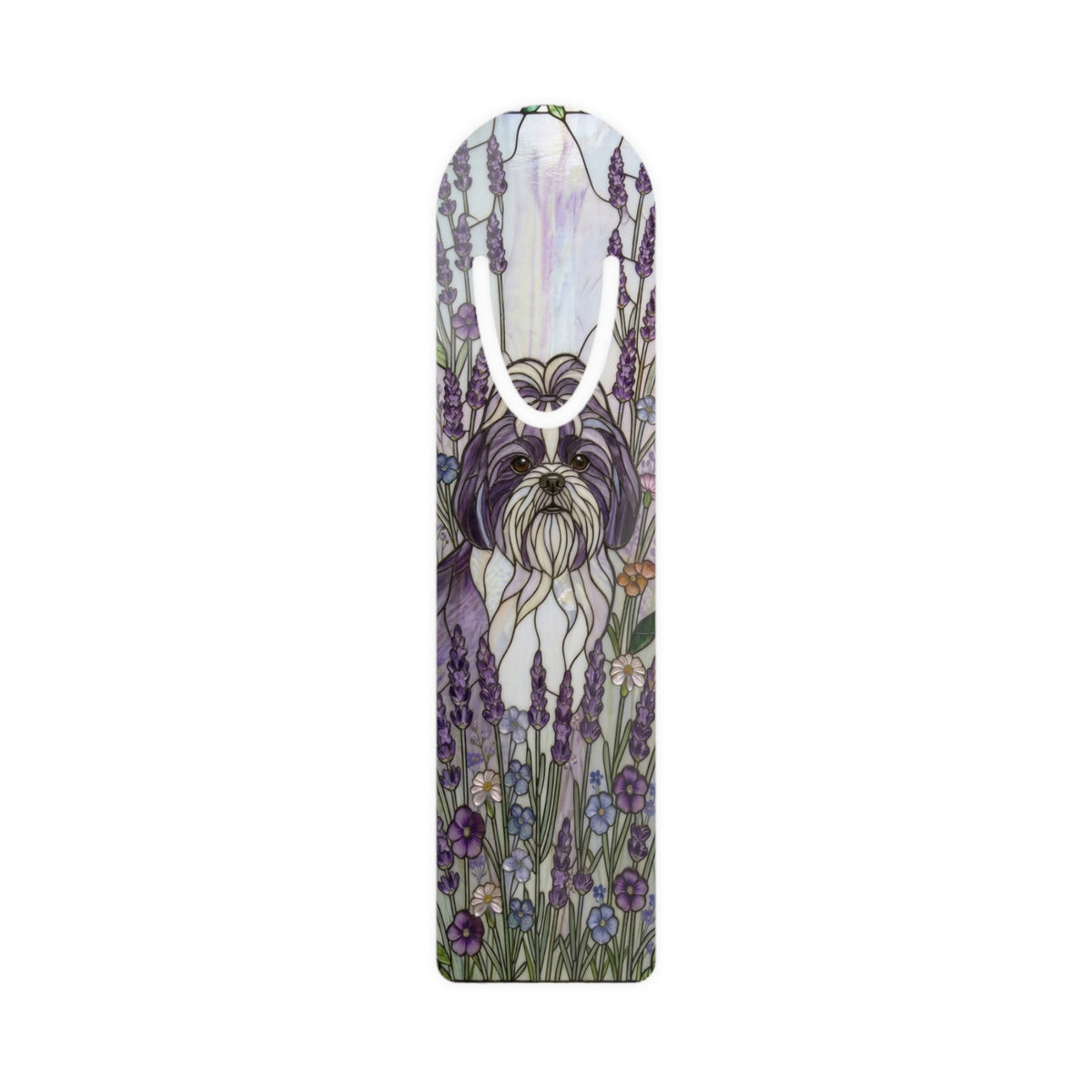 A rectangular plastic card with rounded top corners, featuring a printed illustration of a Shih Tzu dog surrounded by purple lavender and wildflowers. The card has a white cutout slot in the center, likely for a credit card, and is shown against a plain white background.