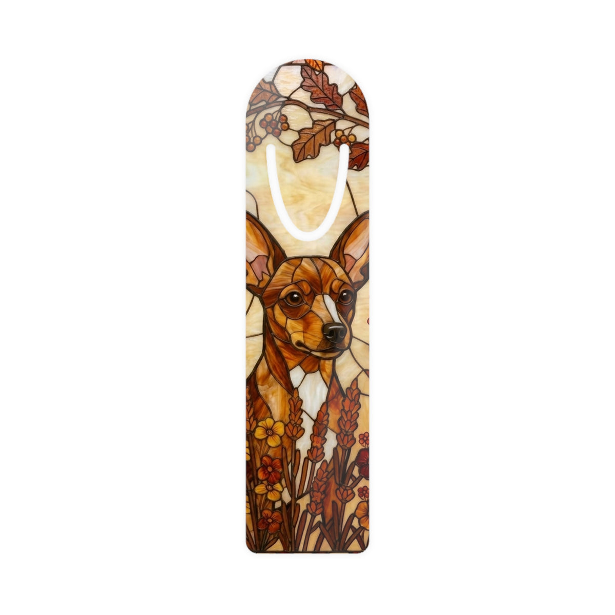 A decorative gift bag with a white handle, featuring a stained-glass style illustration of a brown dog surrounded by autumn leaves and flowers on a cream background.