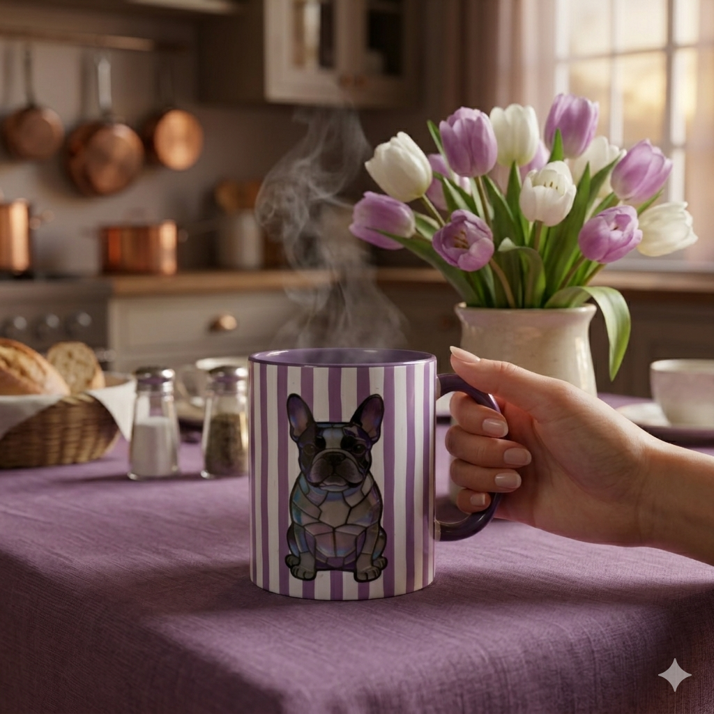 Person holding a striped mug with a dog design in a kitchen setting with tulips.