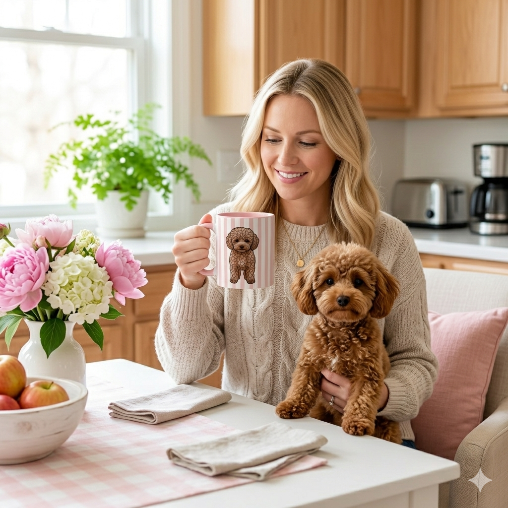 Woman holding a mug with a dog design, sitting at a kitchen table with a dog on her lap.