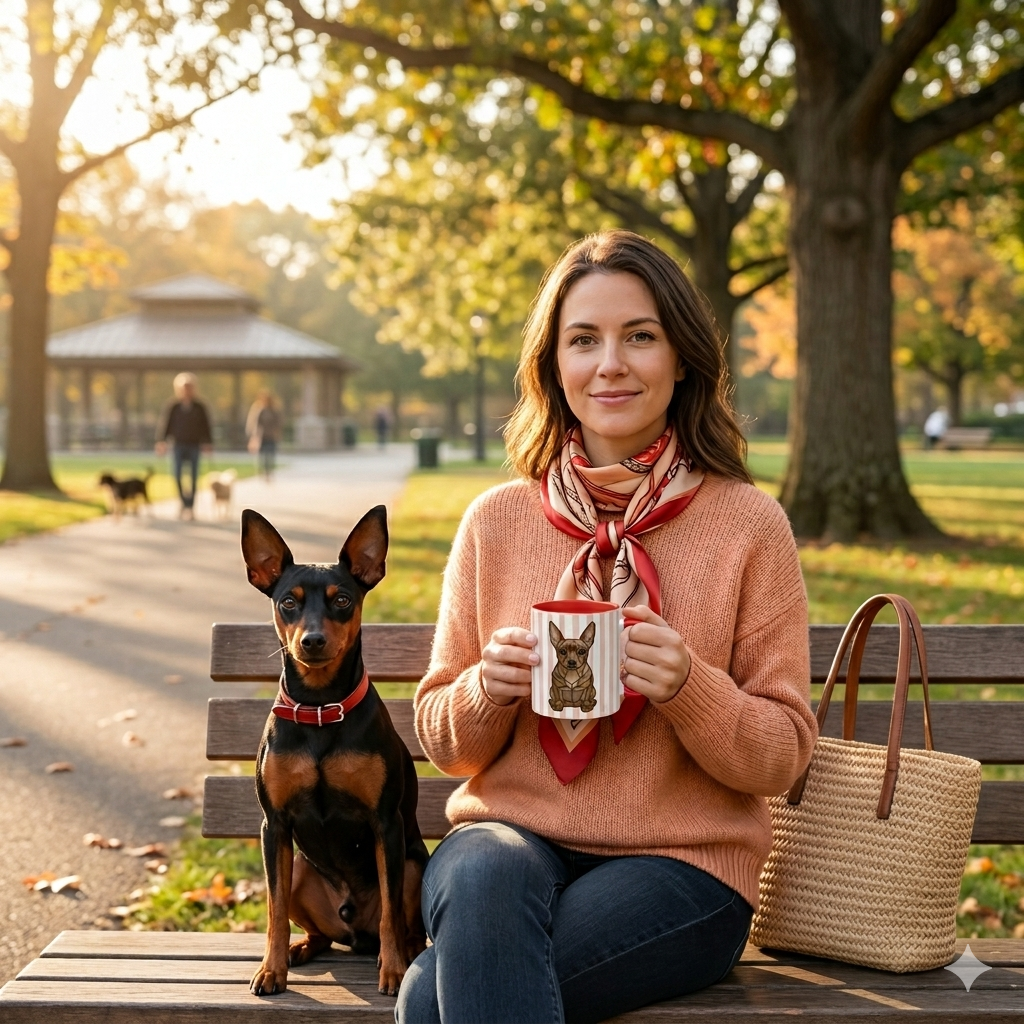 Woman sitting on a park bench with a dog, holding a mug with a dog design, surrounded by trees and people in the background.