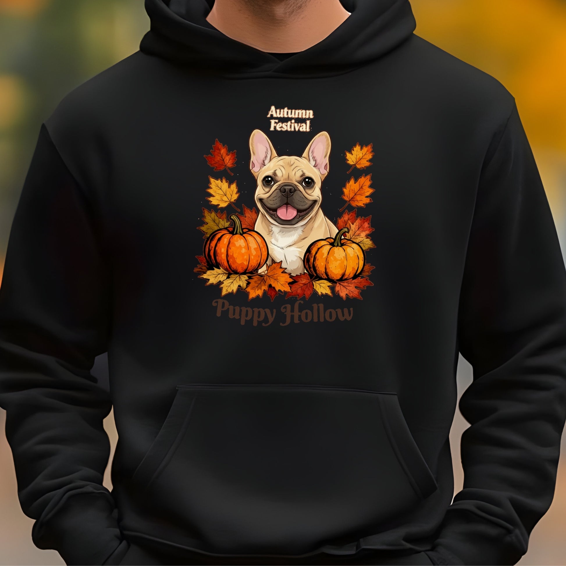 Black hoodie with a dog and autumn-themed design on a blurred background