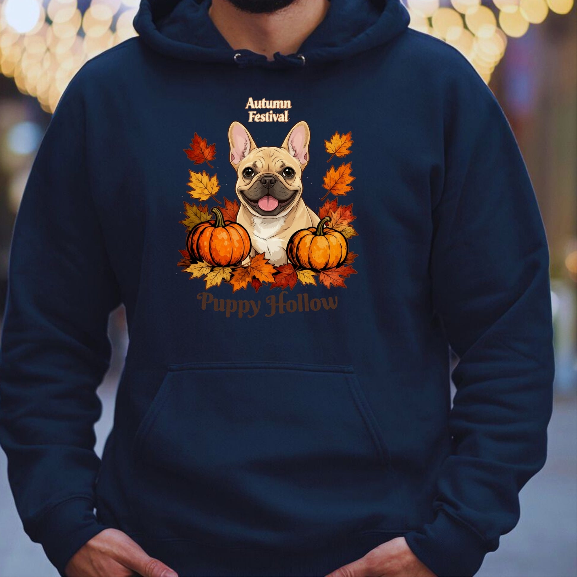 Navy blue hoodie with a dog and autumn-themed design, featuring pumpkins and leaves.