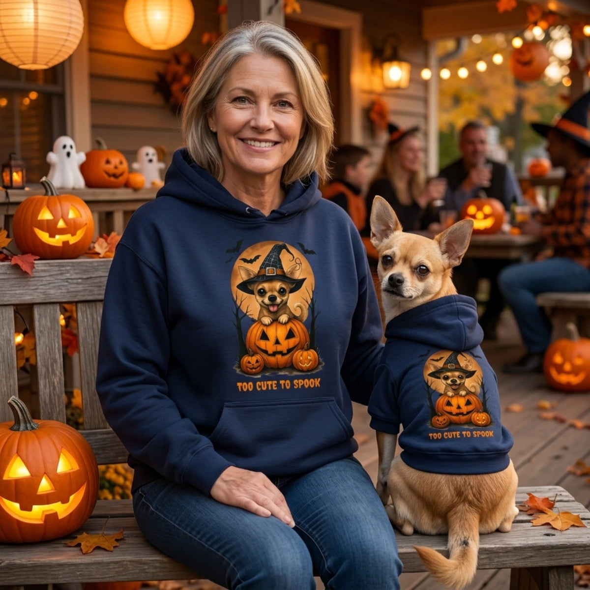A woman and her small dog sit together on a wooden porch during Halloween, wearing matching navy blue hoodies with a pumpkin-and-skeleton graphic and the text 'YOU CUTE TO SPook'. The scene is decorated with pumpkins, lanterns, and warm string lights.