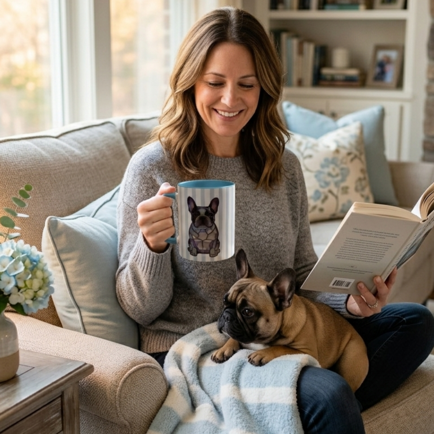 Cute Light Blue Striped Frenchie Ceramic Cup
