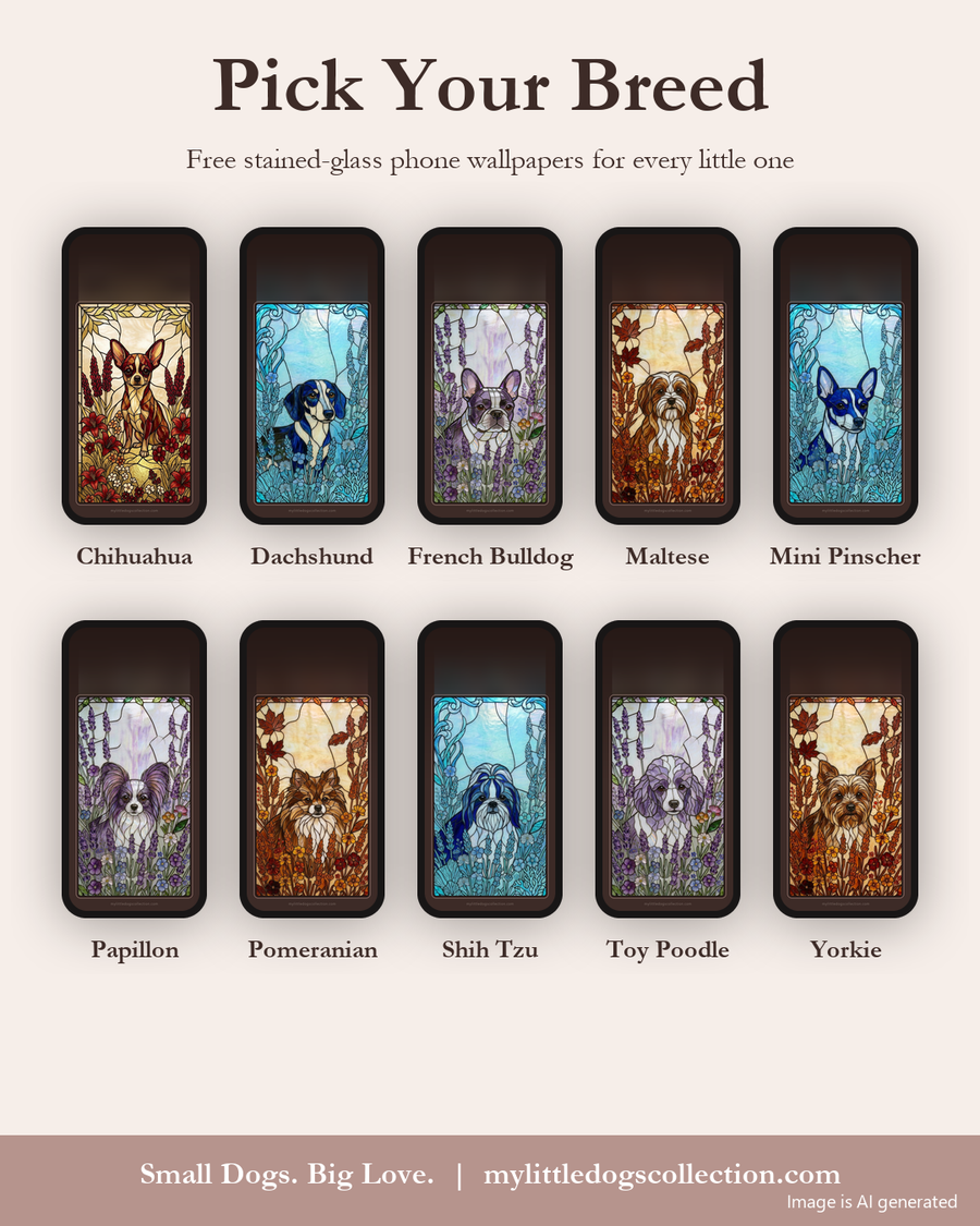 Free phone wallpapers in a stained glass style for ten small dog breeds