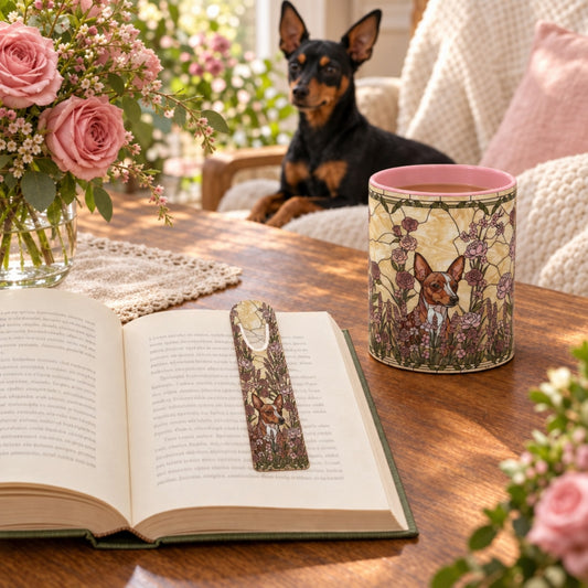 A decorative ceramic mug with a vintage-style floral illustration of a dog sits on a wooden table in a cozy room setting. An open book with a matching bookmark rests beside it, with a small black-and-tan dog sitting in the background on a cream sofa.