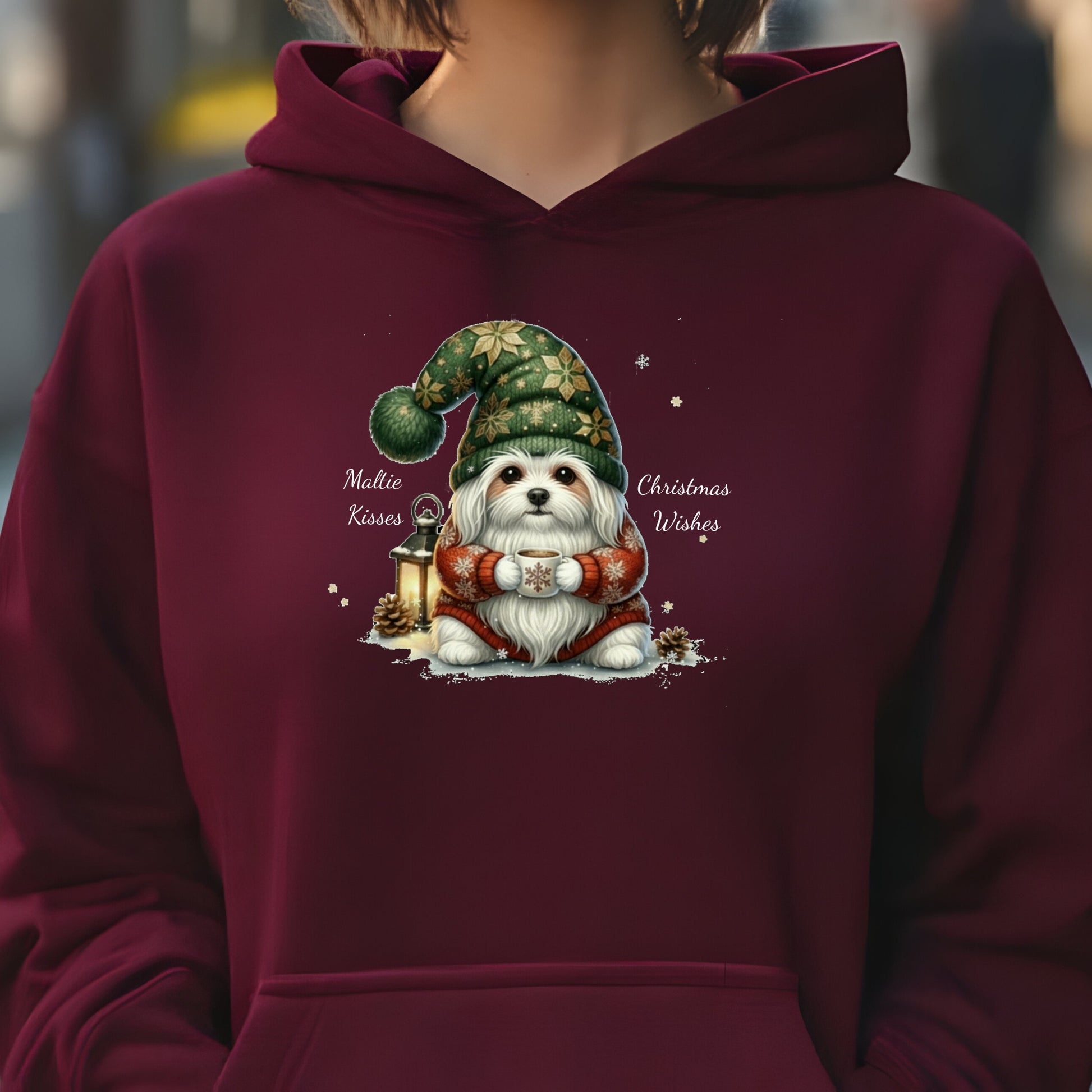 Maroon hoodie with a Christmas-themed design of a dog in a gnome hat and scarf.