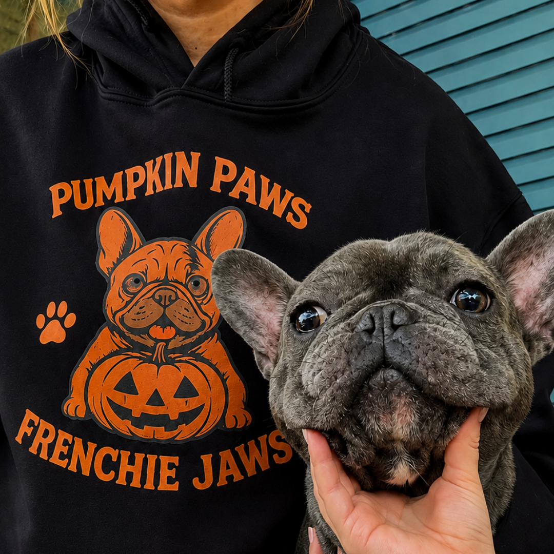 A person wearing a black hoodie with an orange graphic of a French Bulldog holding a pumpkin and the text 'PUMPKIN PAWS FRENCHIE JAWS', holding a gray French Bulldog in front of the hoodie.