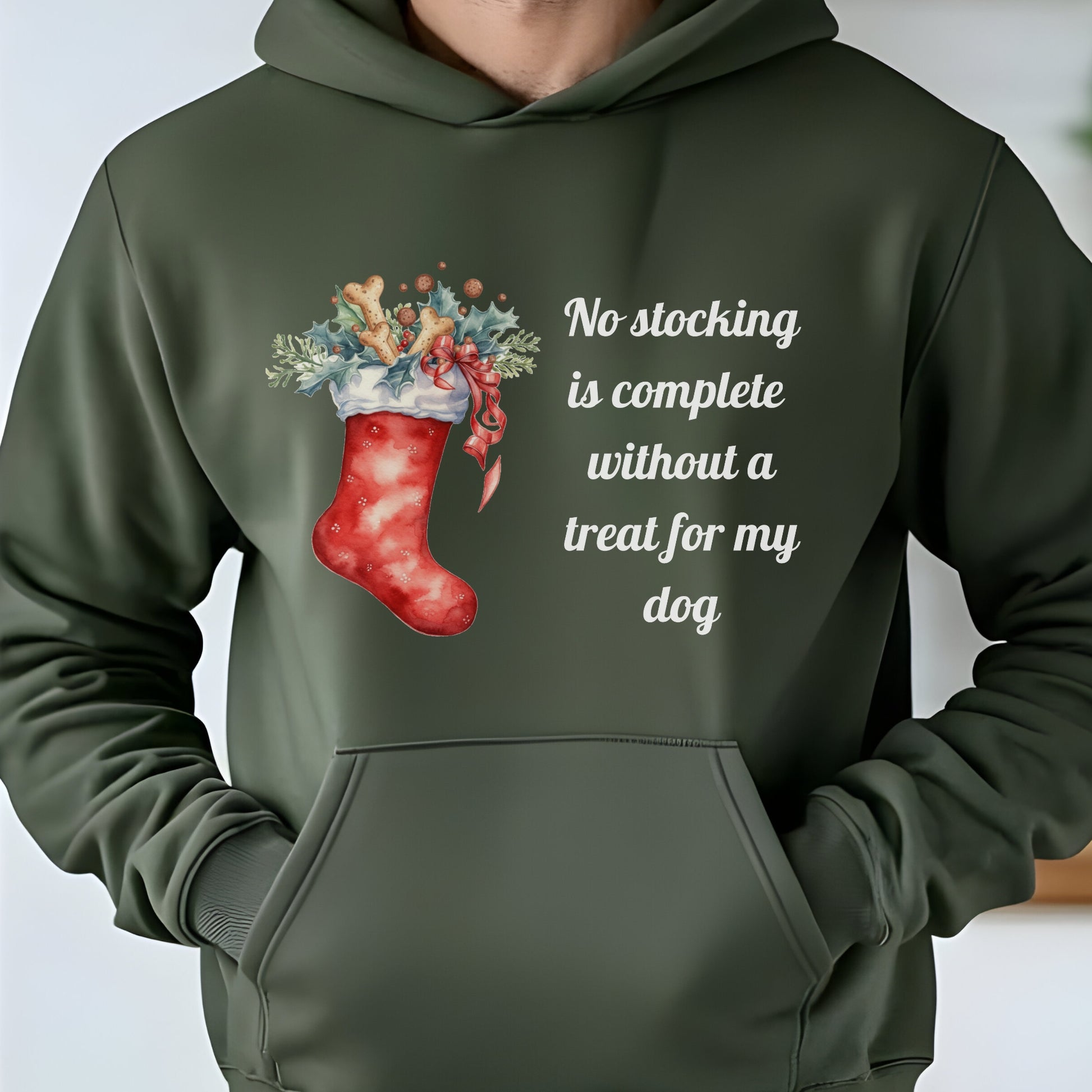 Green hoodie with a Christmas stocking graphic and text on a white background
