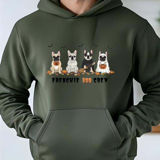 Halloween hoodie with four cartoon French Bulldogs in costumes, bats and pumpkins, and “Frenchie Boo Crew” text on white fabric.
