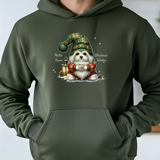 Green hoodie with a Christmas-themed design of a dog in a gnome outfit on a white background