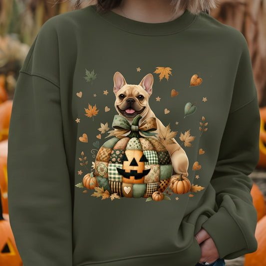 Green sweatshirt with a dog and Halloween-themed design, worn by a person.