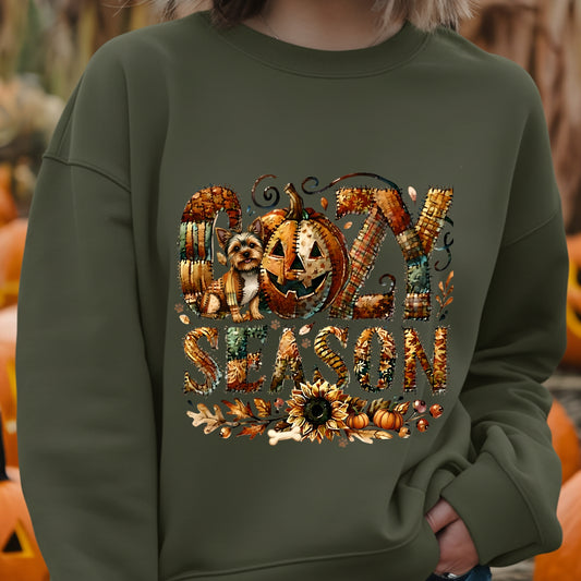 Green sweatshirt with 'Halloween Season' design featuring pumpkins and a dog.
