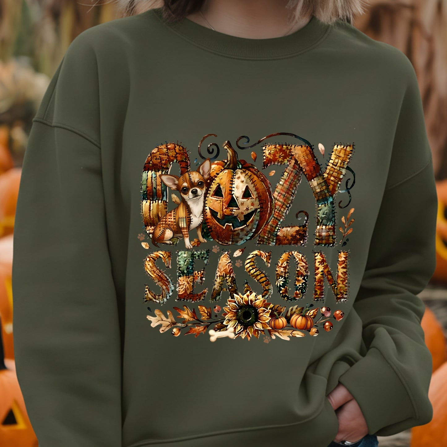 Cozy Season Chihuahua Premium Sweatshirt – Autumn Halloween Patchwork Edition