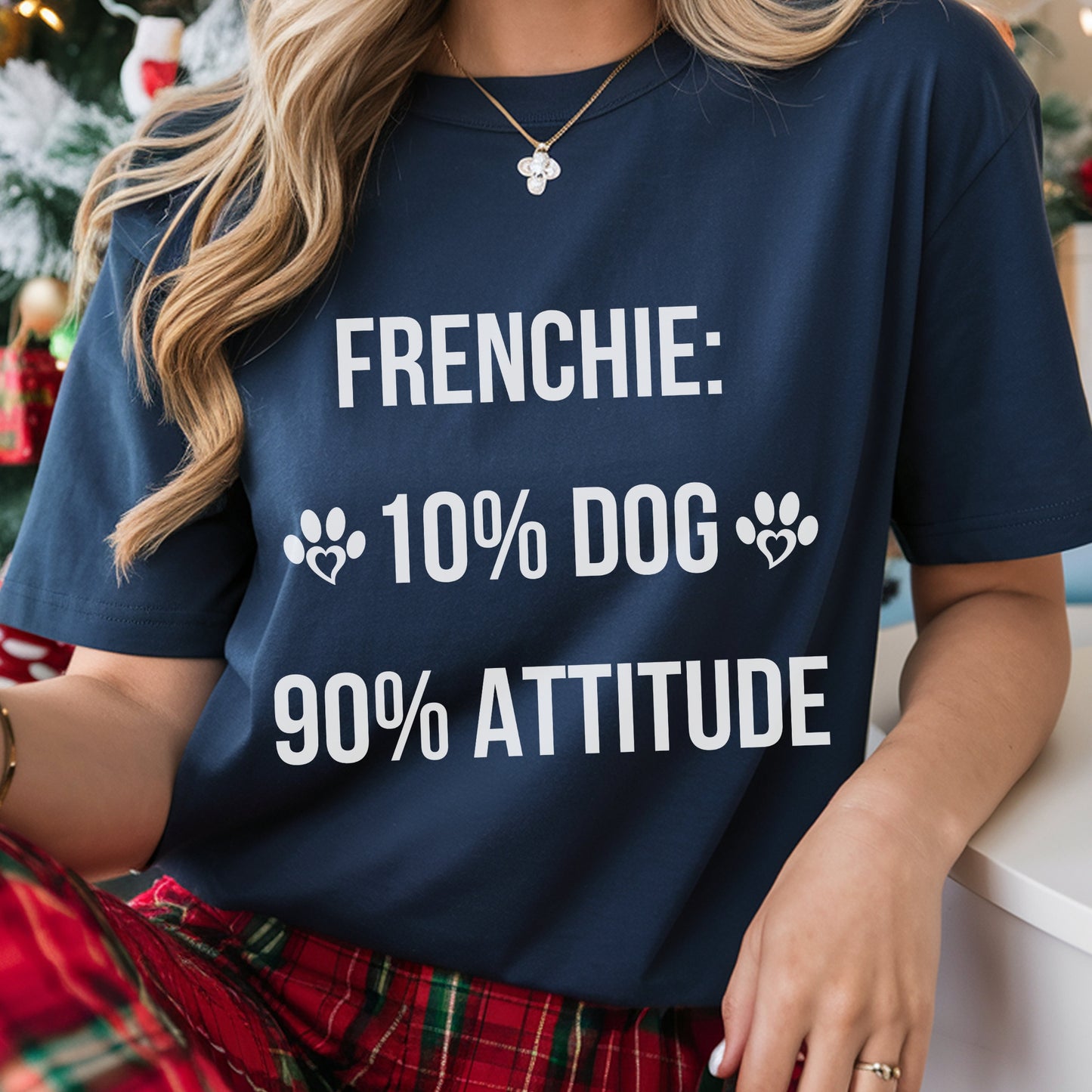 Person wearing a navy blue t-shirt with a humorous dog quote design.