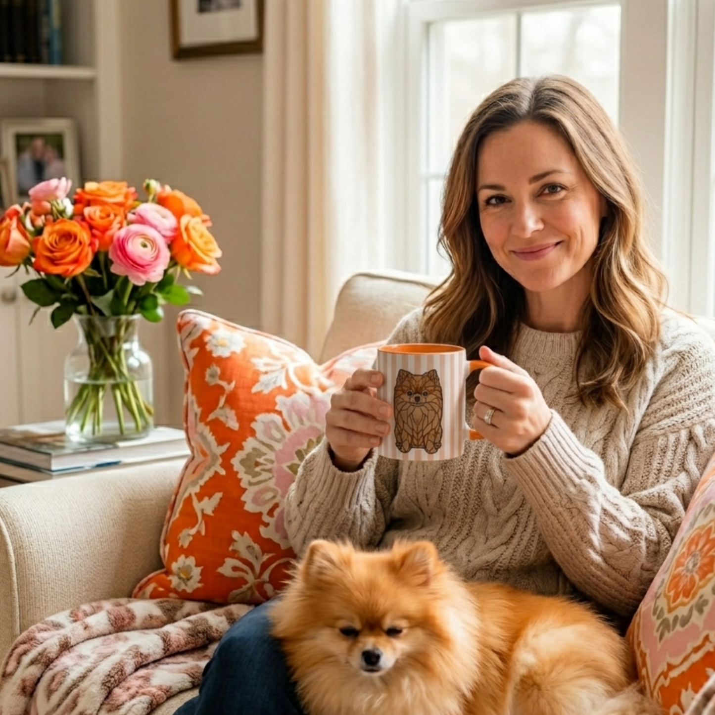 Woman sitting on a couch holding a mug with a dog design, surrounded by colorful pillows and flowers.