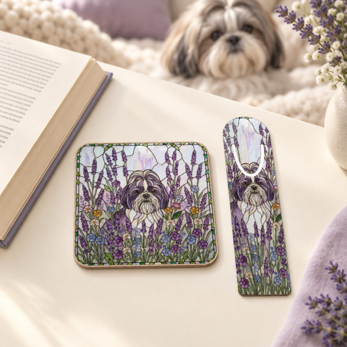 Coaster and bookmark with a floral lavender stained glass style design with a shih tzu on the coaster and the bookmark. Both ly on a desk together with a book. In the background is a little Shih tzu on a white blanket.