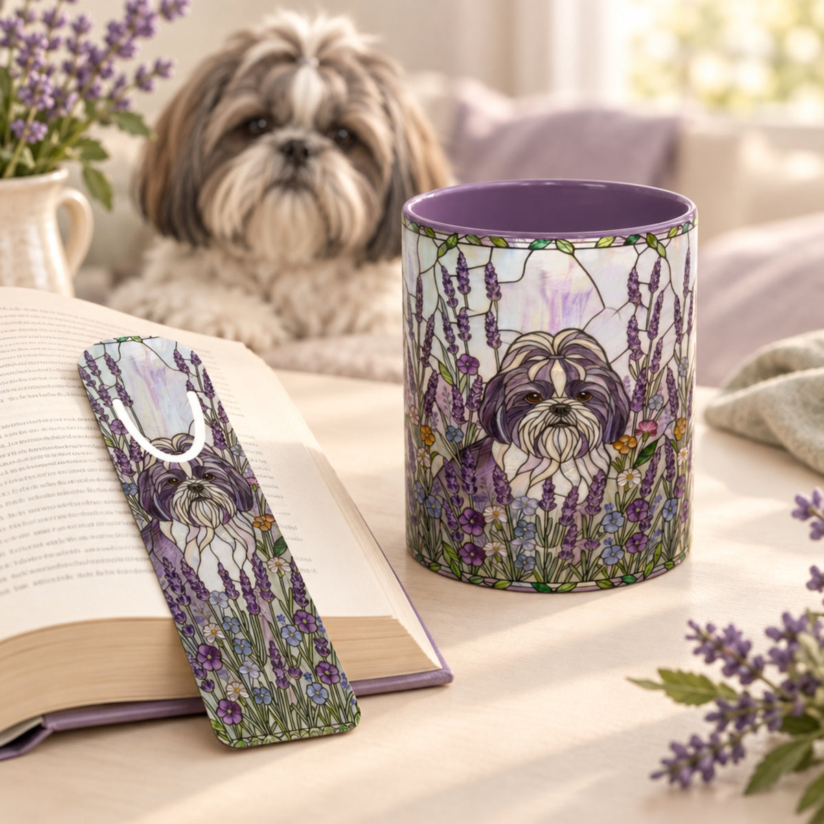 A ceramic can cooler or cup with a purple interior and a floral print of a Shih Tzu dog, shown alongside a matching book ring bookmark on an open book. A real Shih Tzu dog is sitting in the background in a cozy indoor setting.