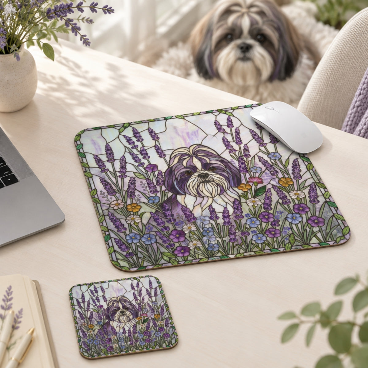 A rectangular desk mat and matching square coaster featuring a stained-glass style illustration of a Shih Tzu dog surrounded by purple lavender and small flowers, shown on a light wood desk with a white mouse on the mat. A real dog is visible in the background, along with a laptop, vase of flowers, and chair.