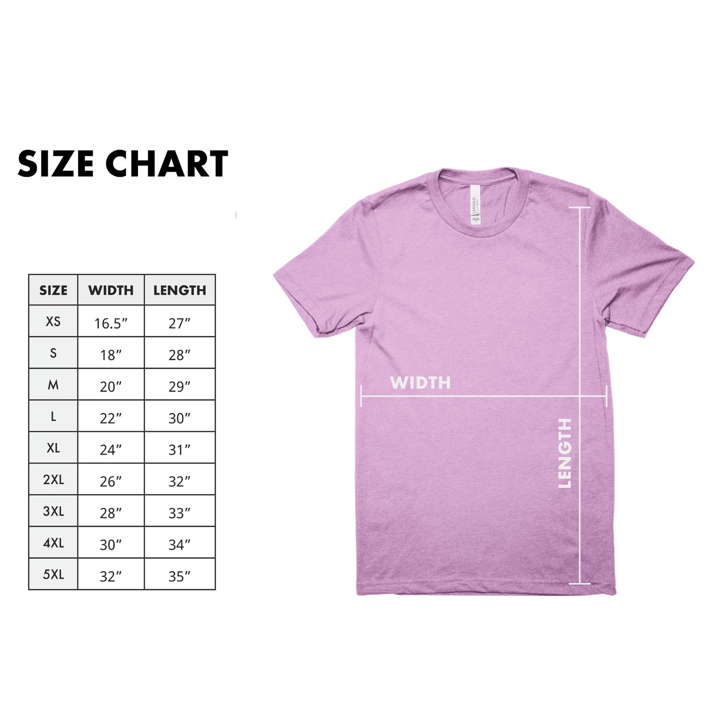 Purple t-shirt with size chart on a white background