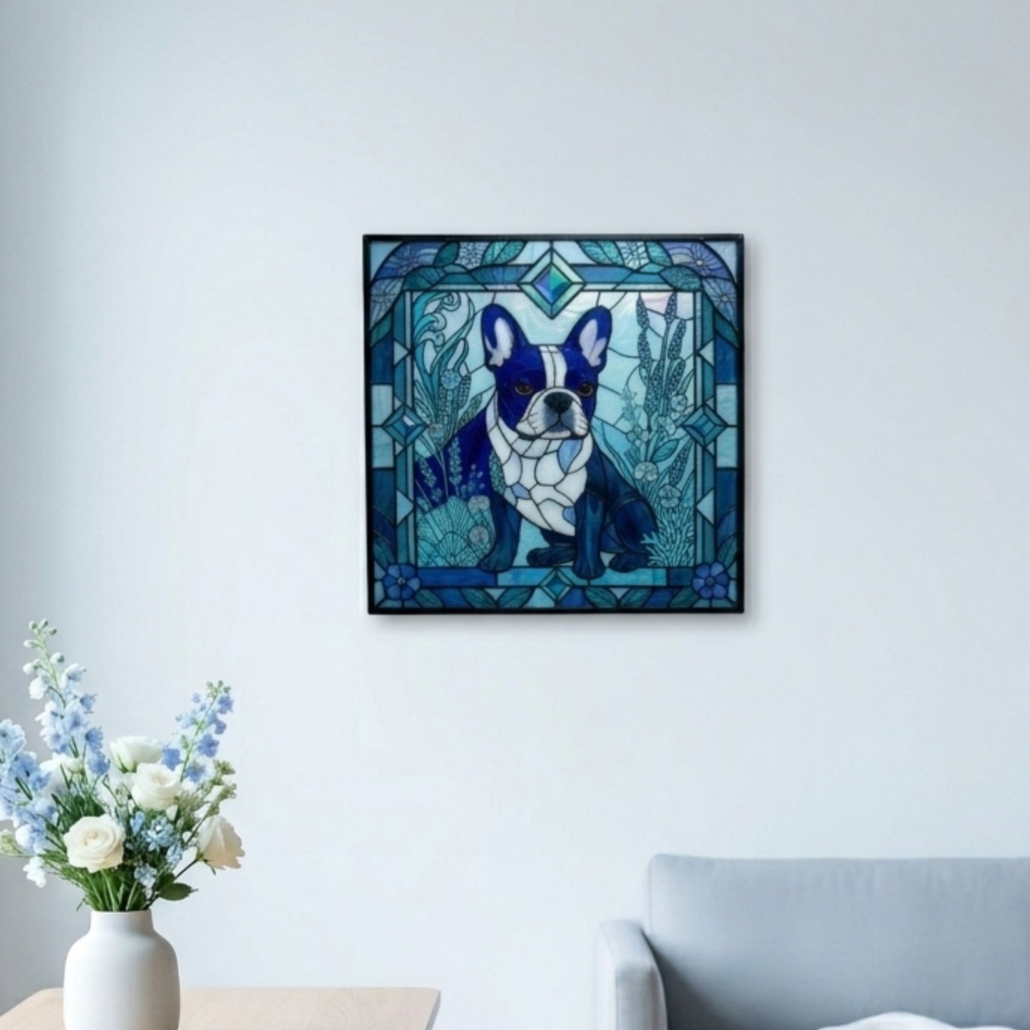 Stained glass artwork of a dog on a wall with a vase of flowers and a couch in the foreground.