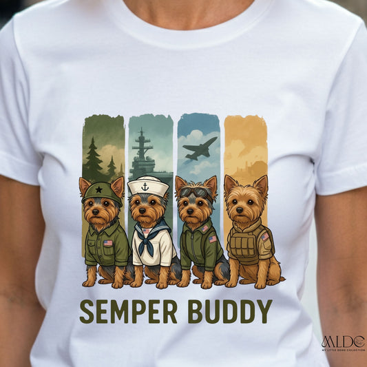 White t-shirt with 'Semper Buddy' graphic featuring four dogs in military uniforms.