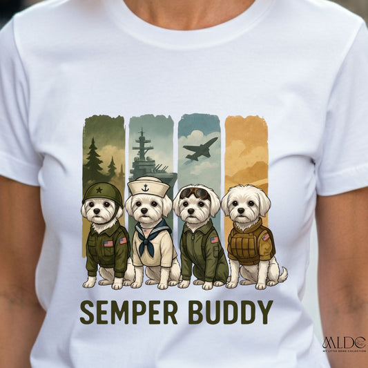 White t-shirt with 'Semper Buddy' graphic featuring four dogs in military uniforms on a white background.