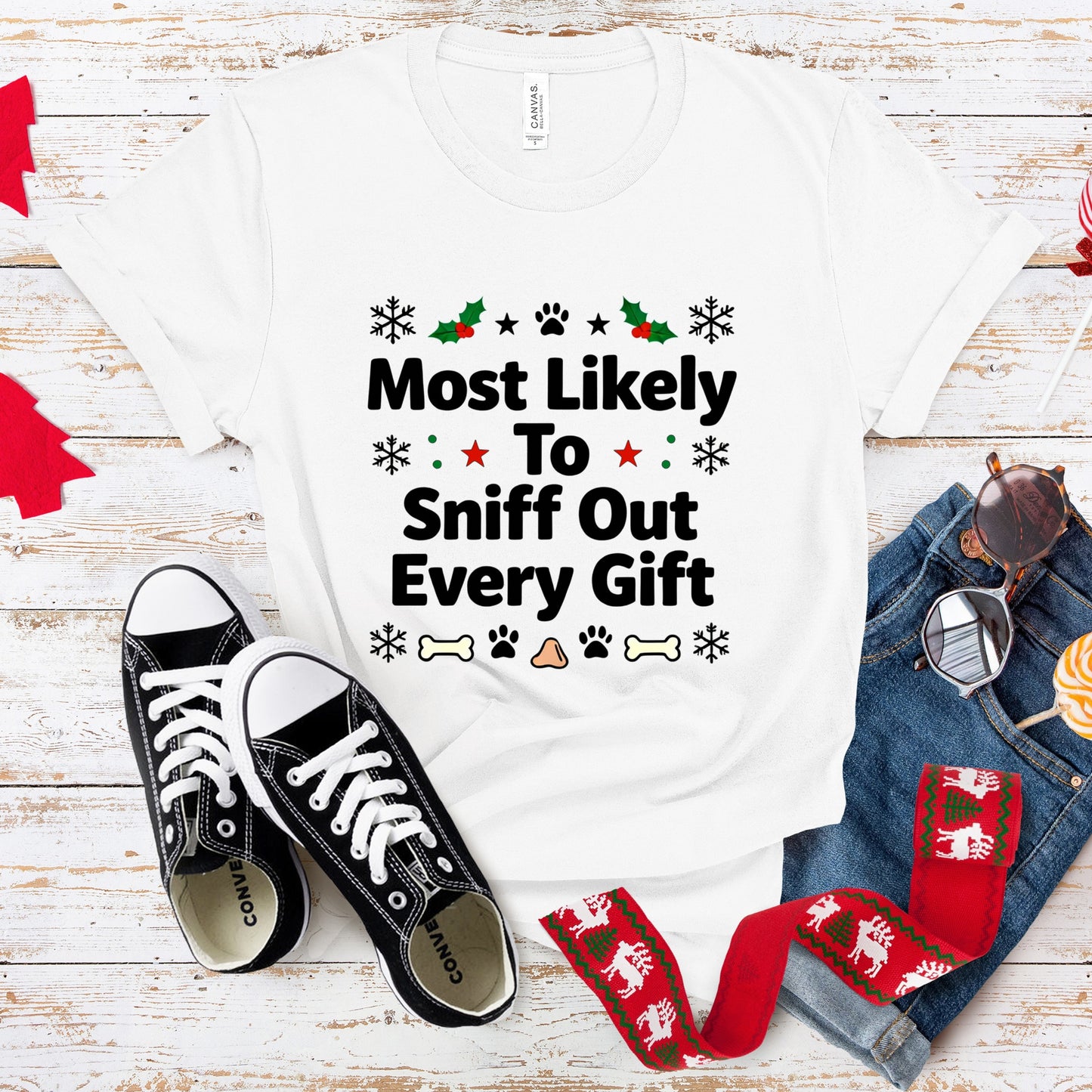 Most Likely To Sniff Out Every Gift - Funny Christmas Dog Lover Premium Unisex Tee
