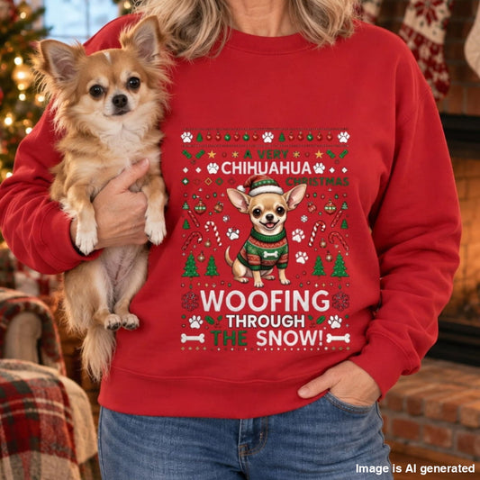 A person holding a small tan chihuahua in a cozy indoor setting, wearing a bright red crewneck sweatshirt with a festive Christmas graphic that reads 'CHIHUAHUA WOOFING THROUGH THE SNOW!' with a cartoon chihuahua in a sweater.