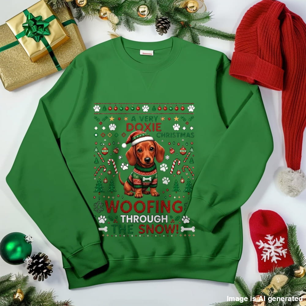 A green crewneck sweatshirt with a festive Christmas dachshund graphic, styled in a holiday flat-lay with a red knit hat, a wrapped gift, ornaments, and pine branches on a white background.