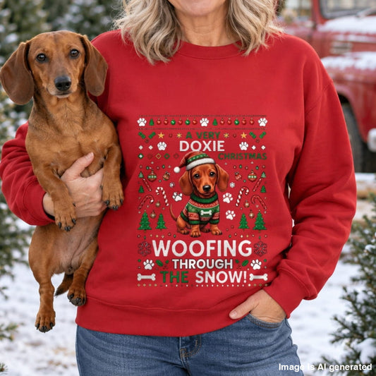 A woman wearing a red crewneck sweatshirt with a festive Christmas graphic of a dachshund wearing a Santa hat and sweater, with the text 'A VERY DOXIE CHRISTMAS WOOFING THROUGH THE SNOW!'. She is holding a brown dachshund in a snowy outdoor setting.
